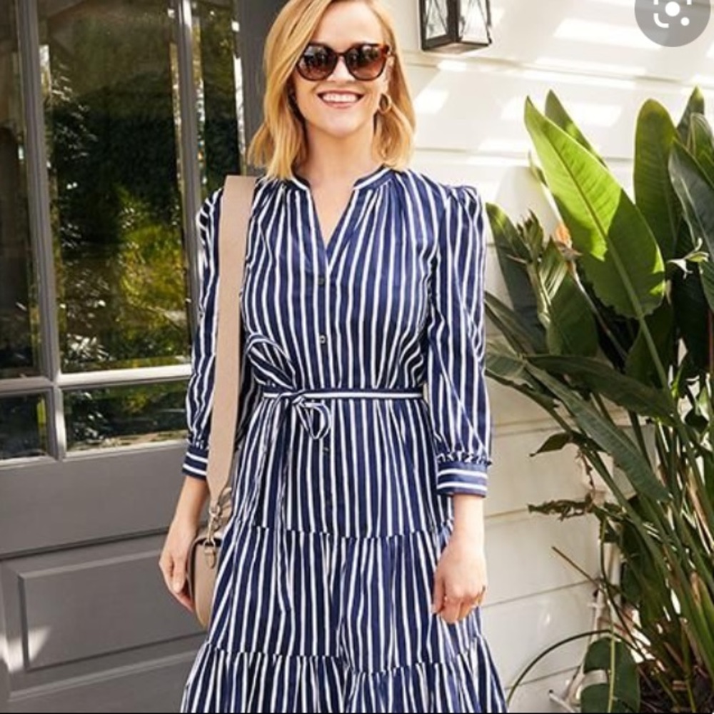 Draper James, blue and white stripe midi dress, medium